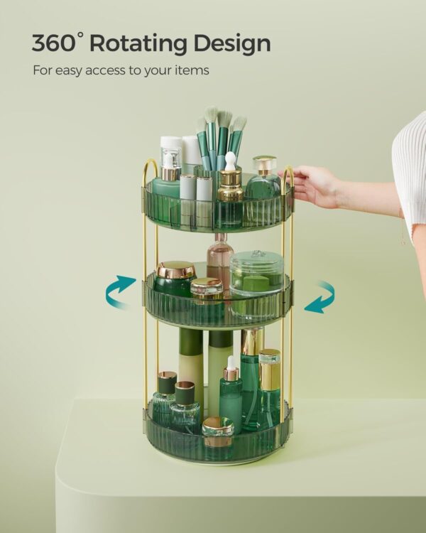 SONGMICS Makeup Organiser Rotating, 3-Tier Round Skincare Organiser, Customisable, Toiletries Cosmetics Organiser, Gift, Pale Green JKA011C01