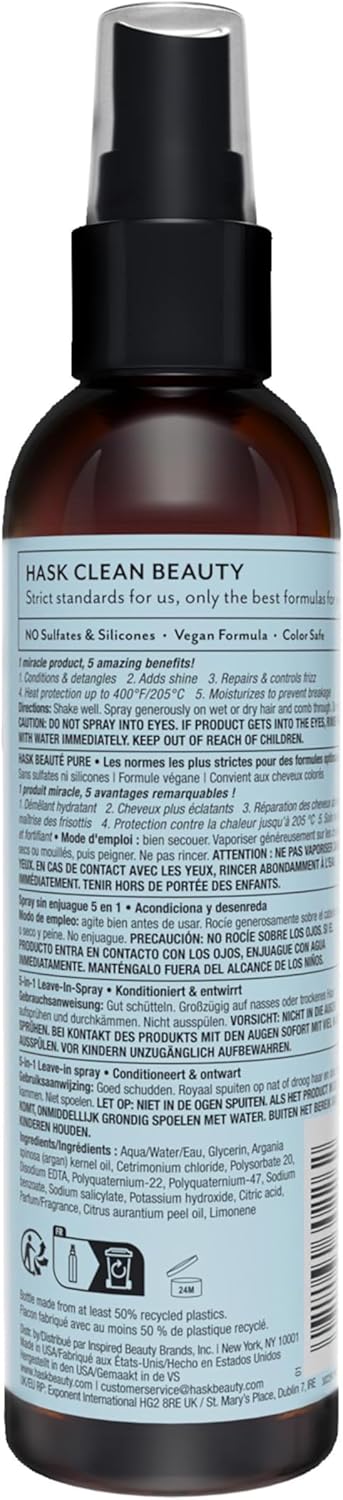 HASK Argan Oil 5-in-1 Leave In Conditioner Spray, repairing for all hair types, colour safe, gluten free, sulfate free, paraben free - 1 175ml Bottle