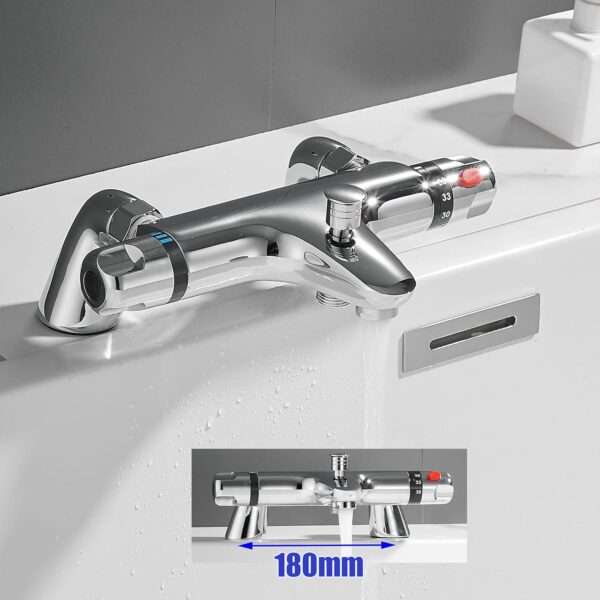 Thermostatic Bath Shower Mixer Valve Deck Mounted with Legs, Solid Brass Body Chrome Plated, Easy to Control Water Flow and Temperature from 30-45°C, Safety Button Temperature 38°C