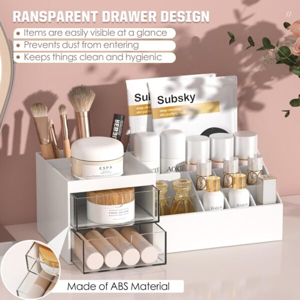 Subsky Makeup Organiser with Drawers, Make Up Storage Cosmetic Dressing Table Organiser Makeup Box with Drawerds for Dresser, Bedroom, Bathroom (White)