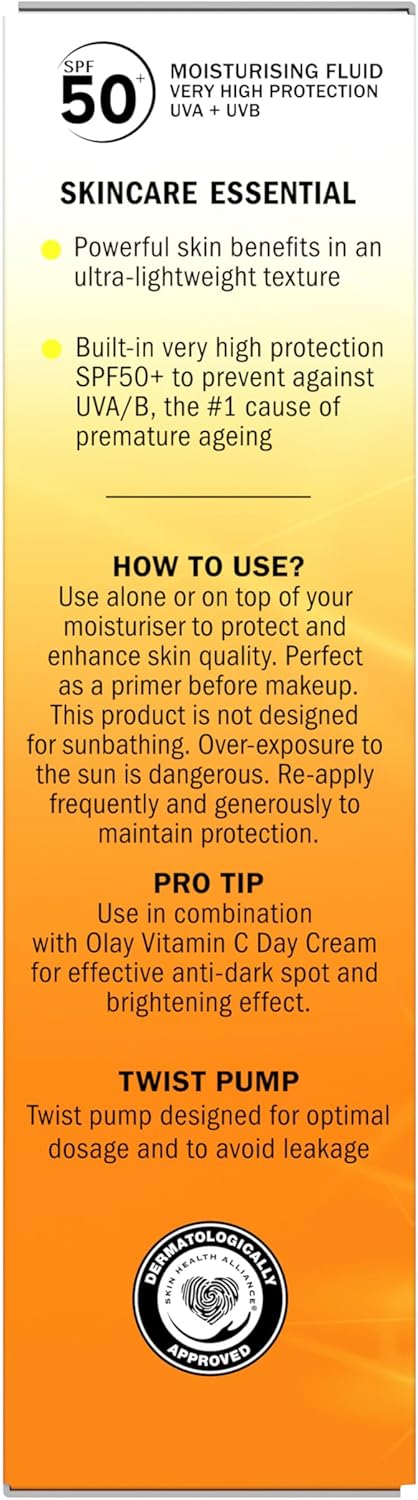 71-pDe21VQL._AC_SL1500_.jpg Olay Vitamin C Brighten & Glow 3in1 Moisturising Fluid SPF50+ Hydrating Skincare Moisturiser and Primer with Niacinamide, Provides Hydration, Glow, UV Protection, and Helps Correct Dark Spots, 50ml