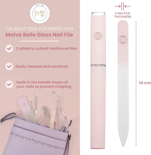 Malva Belle Best Crystal Glass Nail File – Long Lasting Double Sided Tempered Glass File – Professional Salon Manicure/Pedicure Filing Tool for Natural Nails - Pink (2 mm)