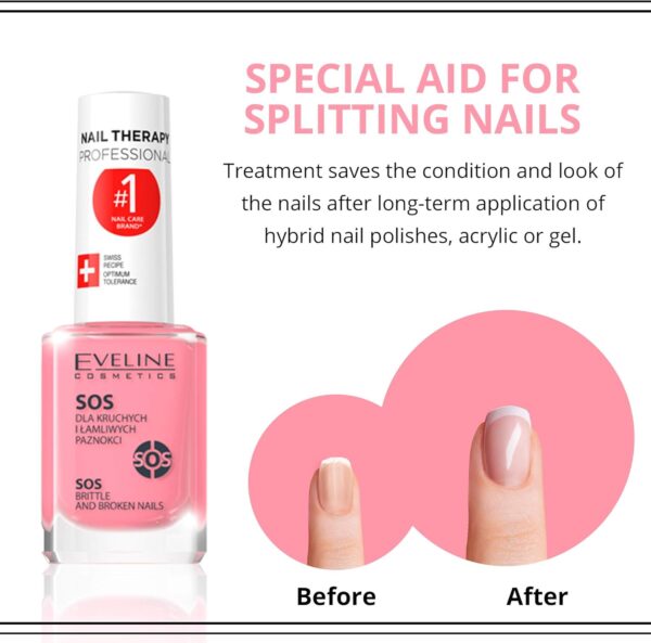 Eveline Cosmetics Nail Therapy Professional SOS Nail Strengthening Conditioner with Calcium & Collagen - For Brittle, Splitting, and Weak Nails - 12 ML