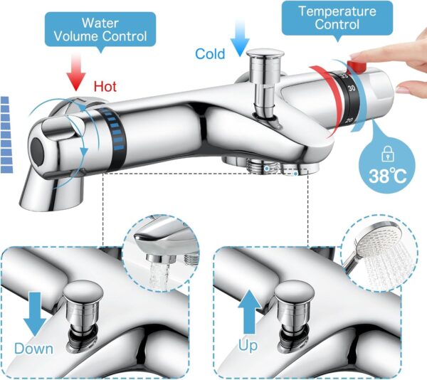 Thermostatic Bath Shower Mixer Tap, AIMOYO Deck Mounted Thermostatic Bath Tub Taps, Solid Brass Thermostatic Bathtub Shower Mixer Bar Valve, Thermostatic Bath Mixer Taps with Shower, 180mm