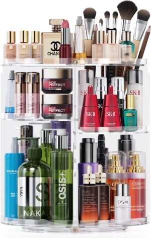 Auxmir Makeup Organiser, 360 Degree Rotating Cosmetics Organiser for Skincare Lipsticks Perfumes Brushes, Spinning Makeup Storage with Adjustable Layers for Dresser, Bedroom, Bathroom, Clear