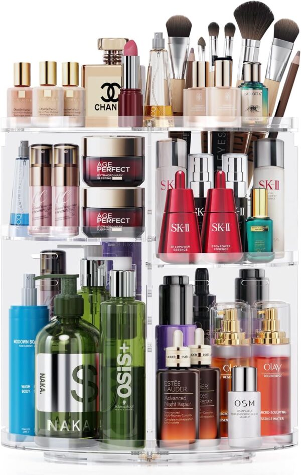 Auxmir Makeup Organiser, 360 Degree Rotating Cosmetics Organiser for Skincare Lipsticks Perfumes Brushes, Spinning Makeup Storage with Adjustable Layers for Dresser, Bedroom, Bathroom, Clear