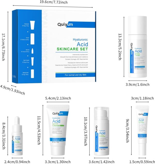 Quiyum Hyaluronic Acid Skincare Set, Hydrating Face Care Kit for Dry & Normal Skin, Facial Cleanser,Toner,Serum,Eye Cream,Face Cream, Pamper Gift Set for Women Teenage Girls Mom Birthday, Travel Kit