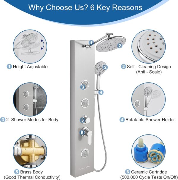 KINKIBOS Shower Tower Panel, Rainfall Shower, 2-Mode Body Massage Jets, 5-Setting Handset and Bathtub Spout, Height Adjustable Arm, Stainless Steel, Brushed