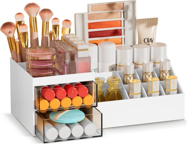 Subsky Makeup Organiser with Drawers, Make Up Storage Cosmetic Dressing Table Organiser Makeup Box with Drawerds for Dresser, Bedroom, Bathroom (White)