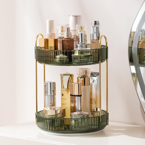 GLAMFORT Rotating Makeup Organiser, Acrylic 2 Tier Perfume Beauty Skincare Organiser, 360 Spinning Cosmetic Storage for Vanity Desk, Bedroom, Bathroom, Countertop, Green