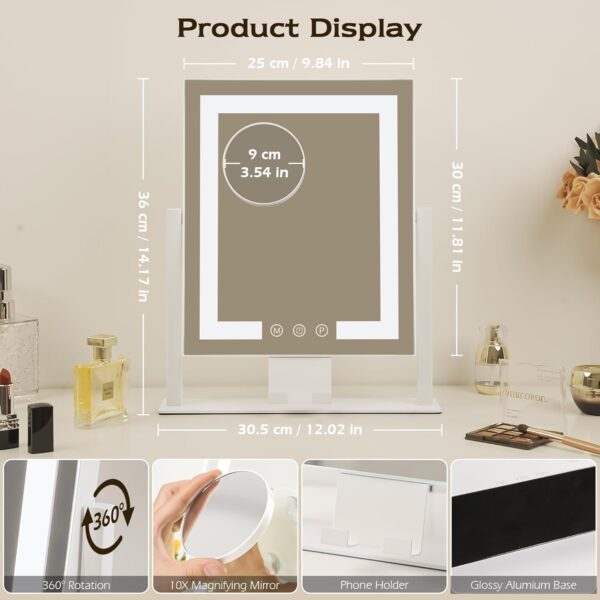 LuxeVue Vanity Mirror with Lights, 25 x 30cm LED Makeup Mirror, Lighted Makeup mirror with Dimmable 3 Modes, Smart Touch Control,360°Rotation,Gifts for Girls/Women (White)