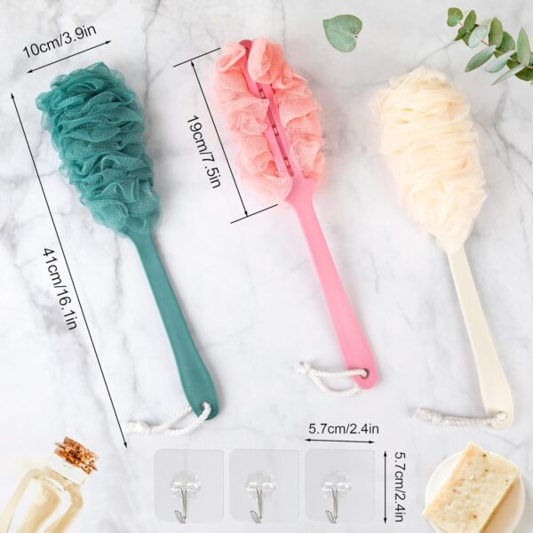 Long Handle Bath Brush with Soft Mesh Shower Body Brushes Back Scrubber with 3 Hooks Body Brush for Exfoliating and Removing Dead Skin 3 Pieces