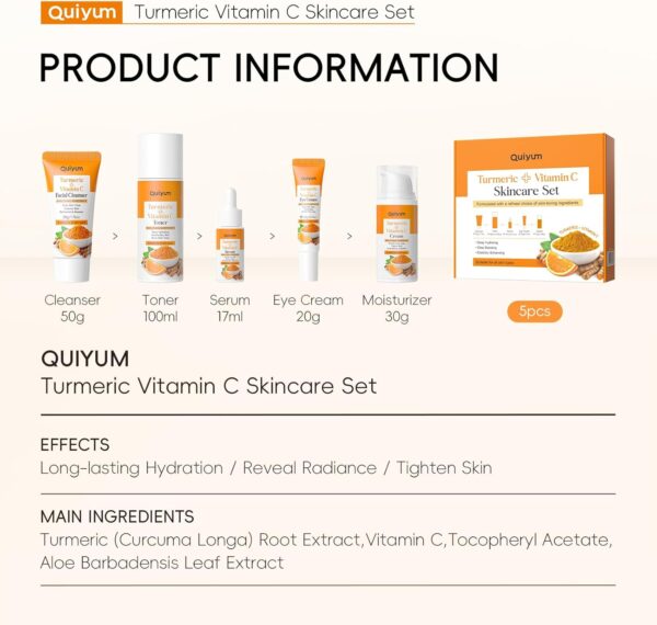 Quiyum Turmeric Vitamin C Skincare Set, Face Skin Care Sets & Kits Facial Cleanser,Toner,Serum,Eye Cream,Face Cream, Pamper Gift Set for Women Teenage Girls Mom Birthday, Travel Kit for All Skin Types