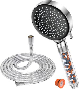 YEAUPE High Pressure Shower Head with 1.5M Hose Powerful Flow Shower head for Low Pressure Hard Water Filter Shower Hose and Head Water Saving Shower Head 6 Modes, Packaging may vary