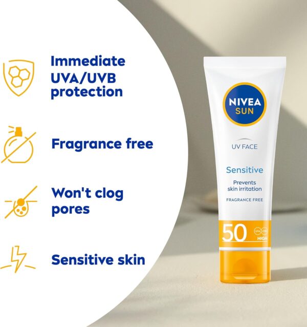 NIVEA Sun UV Face Sensitive SPF 50 Cream (50ml), Sunscreen Protects Against UVA/UVB Rays and Premature Skin Ageing, Sun Cream for Sensitive Facial Skin