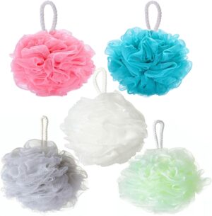 YUEMING 5 pcs Mesh Pouf Bath Sponge, Bath Sponge Shower Loofahs Balls, Mesh Loofah Body Exfoliating Shower Ball Shower Sponge for Women and Men(Random Color