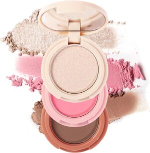 Erinde Mini Highlighter, Bronzer & Blush Powder Palette, Matte Shimmer Powder Makeup, Tiny Face Palette with Mirror All in One, Blendable, Travel Friendly, Cruelty Free, 3 Colours