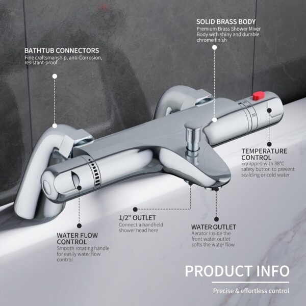 DEPTUNA Thermostatic Bath Shower Mixer,Thermostatic Bath Taps,Bath Mixer Taps with 38°C Anti-Scald Valve and Safety Button,Deck Mounted,Chrome