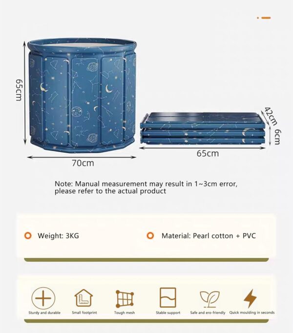 AYES Foldable Soaking Bathtub for Adults, Portable Ice Bath tub for Cold Water Therapy Training, Outdoor Plunge Tub, Bathroom Freestanding Bathtubs for Shower Spa Sauna (Planet Blue, 70cm*70cm*65cm)
