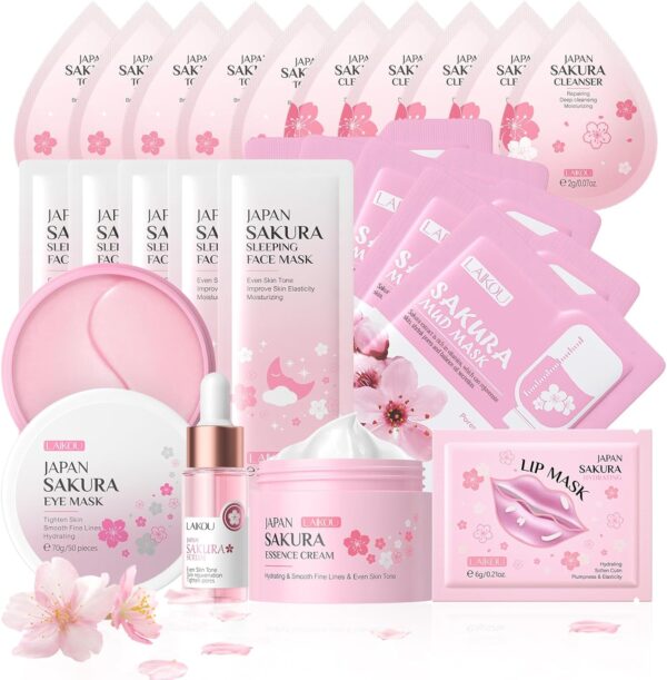 71391lfTWXL._AC_SL1500_.jpg LAIKOU Skin Care for Teenage Girls, Sakura Skincare Set, Pamper Sets for Women Gifts, Facial Skin Care Sets & Kits - Toner,Cleanser,Face Serum,Cream,Sleep Mask,Eye Mask,Mud Mask,Lip Mask, 24PCS