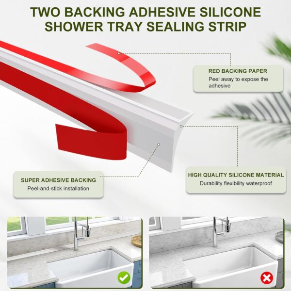 2.5M Shower Tray Sealing Strip, Two Backing Self Adhesive Bath Sink Bathtub Edging Edge Seal Trim, White Gap Caulk Strip, Wet Room Threshold Floor Water Barrier, Countertop Splash Guard