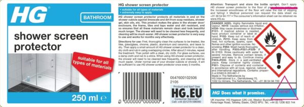 HG Shower Screen Protector, Shower Screen Cleaner & Tile Protector for Walls & Bathroom Furniture, Limescale Remover & Glass Cleaner Shield, Bath Screen Protector - 250ml