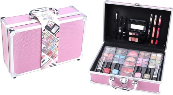 LOVE URBAN BEAUTY Hot Pink Makeup Vanity Case – 82-pcs Vegan Makeup Kit for Teens and Women with Eyeshadow, Blusher, Lipsticks and Nail Products – Fun Travelling Makeup Vanity Case for Girls