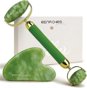 Rena Chris Gua Sha and Jade Facial Roller, Manual Facial Massager and GuaSha Tool, Sculpt Jawline and Reduce Puffiness, Skincare Gift (Green)