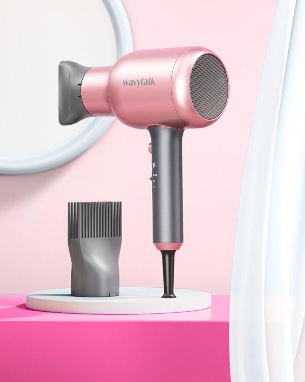Wavytalk Hair Dryer, Blown Away Ionic Hair Dryer for Curly Hair with Diffuser, 1875W Fast Drying Blow Dryer with Ceramic Technology, 3 Attachments for All Hair Types, Light and Quiet, Rose Gold