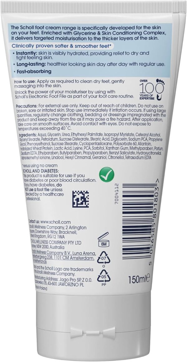 Scholl ExpertCare Hydration Boost Daily Moisturiser Cream for Feet 150ml, Fast Absorbing Foot Cream, Enriched with Glycerine and Skin Conditioning Complex for Softer Smoother Feet