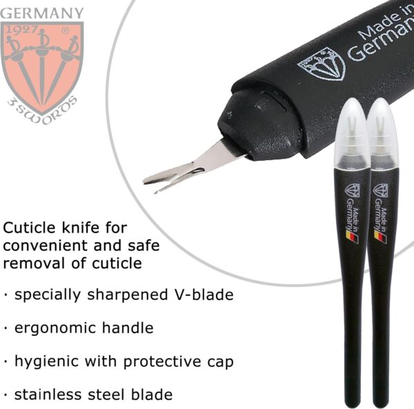 3 Swords Germany - brand quality CUTICLE REMOVER TRIMMER KNIFE (2 pieces) manicure pedicure grooming for professional finger & toe nail care by 3 Swords, Made in Germany (7865)