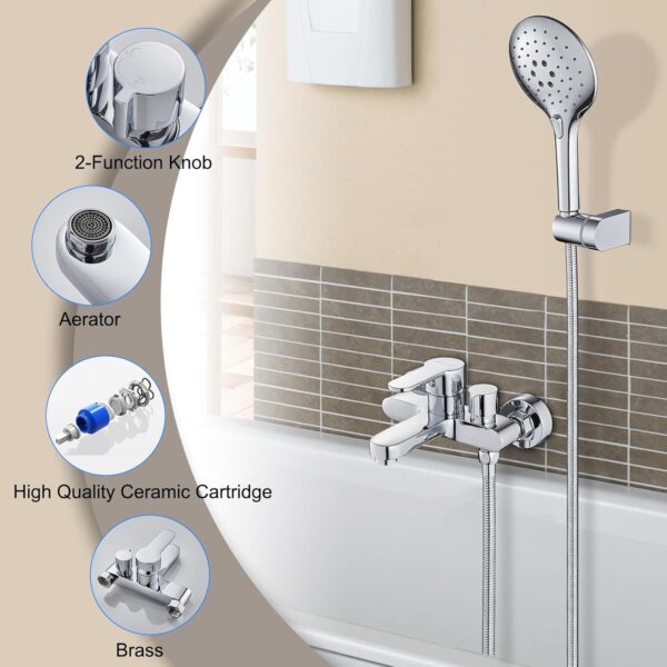 KINKIBOS Wall Mounted Bath Mixer Tap with 3-Spray Handheld Shower Head, Newly Upgraded Diverter, Bathroom Bath Shower Filler Tap, Single Lever Bath Shower Mixer, Solid Brass Chrome