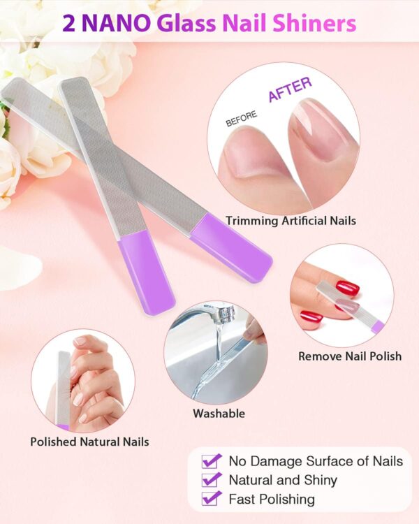 Glass Nail File and Shiner – 4PC Double Sided Etched Crystal Nail Buffer Files and Nano Nail Polishers, Professional Salon Manicure Tools Kit for Acrylic and Natural Nail (Purple)