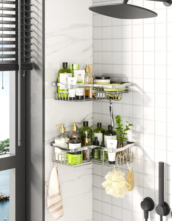HapiRm Shower Caddy Shower Corner Shelves with 11 Hooks, Shower Organiser for Razor soap and shampoo, Bathroom Storage & Kitchen Storage Bath Accessories Stainless Steel, 6 Sticker, 2 pcs