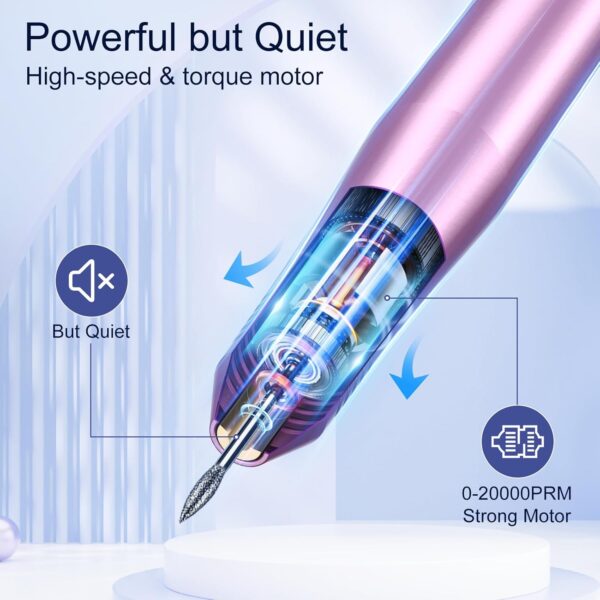 Electric Nail Files, Professional Nail Drill Machine, 20000RPM Adjustable Speed Manicure Pedicure Set with 6 Drill Bits, Low Vibration Low Noise Electric Nail Drill for Gel/Acrylic Nails for Beginner