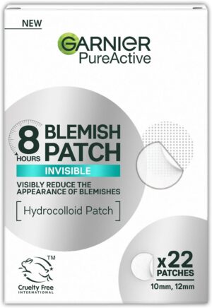 Garnier Blemish Patches, Hydrocolloid patches to reduce the appearance of spots in 8 hours, Ultra-thin & Invisible on all skin tones, Suitable For All Skin Types, Vegan Formula, 22 Patches