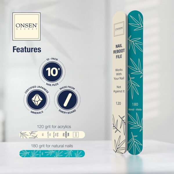 Onsen Secret Japanese Nail File - Professional 10-Pack Nail Files, Double Sided Natural & Acrylic Nail Filers - 120/180 Grit - Disposable, Salon Smooth, Best Nail File for Shiny Nails