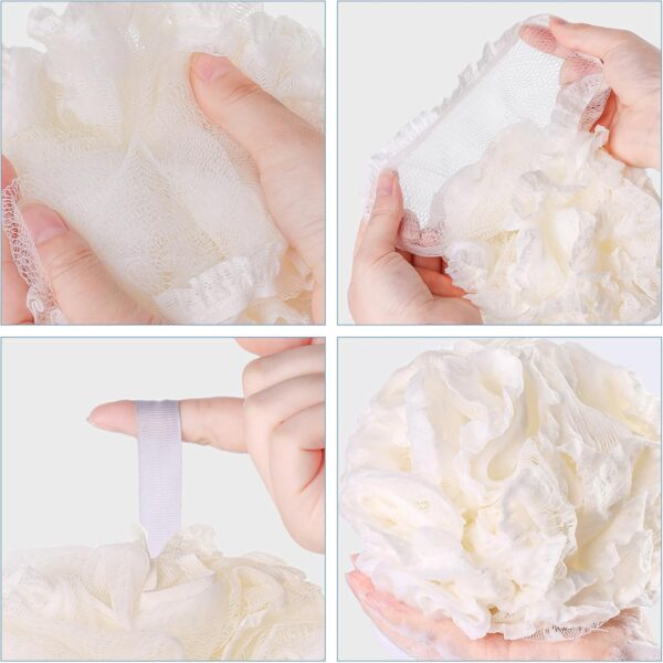Larfraecy 2Pcs Shower Puffs, Large Mesh Exfoliating Bath Sponge Soft Body Puff Scrunchie for Scrubbing Loofah Sponge Body Scrubber for Women, Men Skin Exfoliating (White+Blue)
