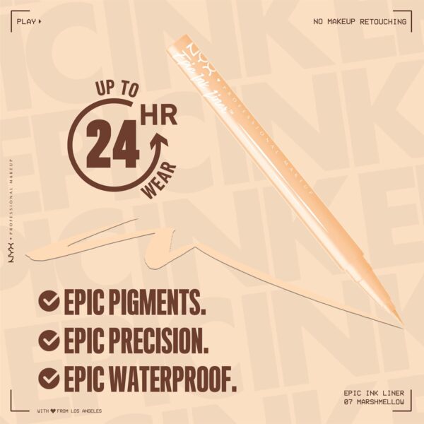 NYX Professional Makeup Epic Ink Liner, Brush Tip Liquid Eye Liner Pen, Up To 24 Hours of Wear, 6 Intensely Pigmented Shades, Waterproof Vegan Formula, Shade: Marshmallow