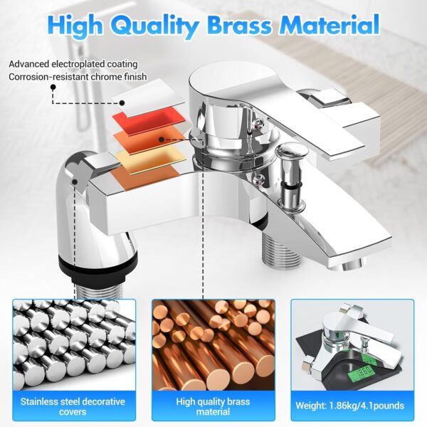 Marketero Bath Mixer Taps, Modern Single Lever Bath Shower Filler Mixer Tap with Dual Outlet Ceramic Valve for Bathroom Brass Chrome