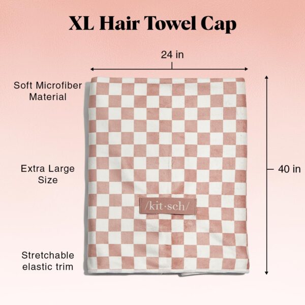 Kitsch Love & Comfort 2PC Spa Set - Satin Lined Reusable Waterproof Shower Cap and XL Quick Dry Hair Towel Wrap for Women, Microfiber Towel, Flexi Shower Cap For All Hair Types - Terracotta Checker