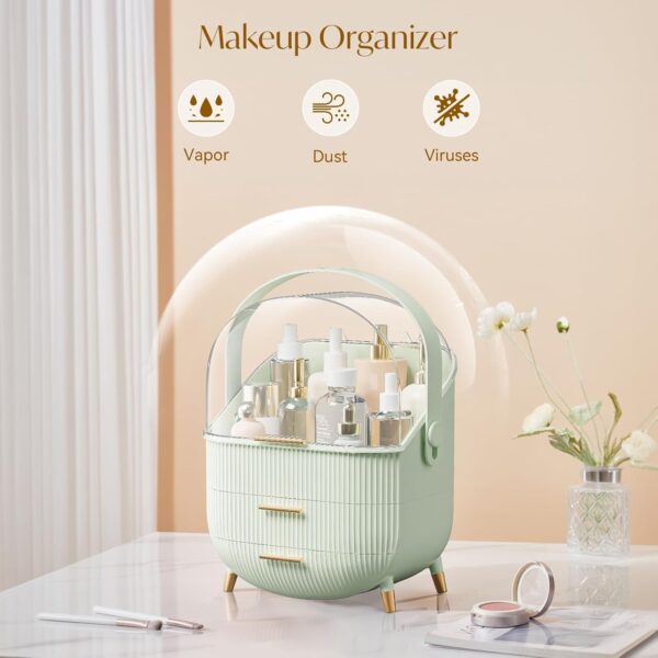 SIOOUI Makeup Organiser for Vanity, Portable Waterproof Dustproof Bathroom Organizer and Storage with Lid, Cosmetic Display Case Skincare Organizers (Mint Green)