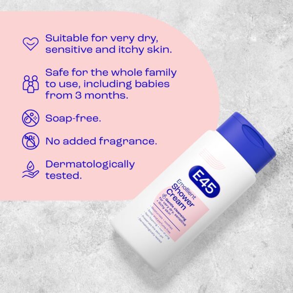 E45 Shower Cream for Dry, Sensitive, and Itchy Skin - Moisturising Body Wash for Men and Women - Helps Maintain Skin pH - Suitable for Eczema and Dermatologically Tested - 200 ml