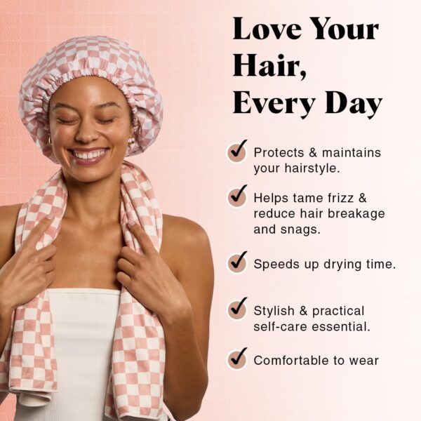 Kitsch Love & Comfort 2PC Spa Set - Satin Lined Reusable Waterproof Shower Cap and XL Quick Dry Hair Towel Wrap for Women, Microfiber Towel, Flexi Shower Cap For All Hair Types - Terracotta Checker