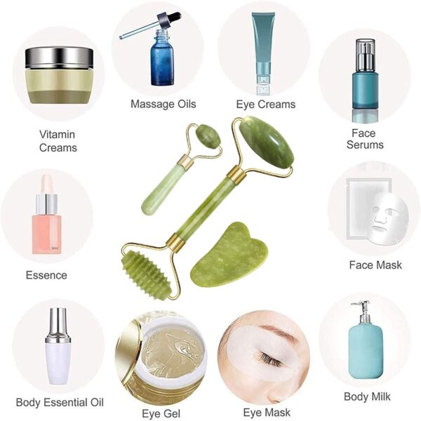 【3 PCS】Jade Roller & Gua Sha Massage Kits, LauCentral Natural Anti-Aging Face Roller for Eye Puffiness Treatment, Skin Tightening, Rejuvenate Face & Neck, Natural Green Massager
