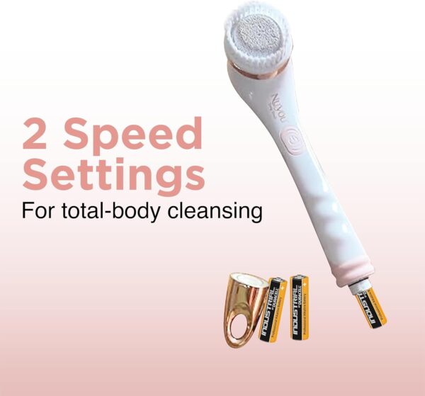 JML NuYou Electric Body Brush - Battery Silicone Body Scrubber with 4 Interchangeable Heads to Cleanse, Massage and Exfoliate - Foot and Back Scrubbers for use in Shower and Bath with Long Handle