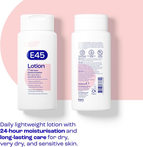 E45 Dermatological Moisturising Lotion 200 ml – Body Lotion – Daily Moisturiser for Long-Lasting Hydration for Dry Skin and Sensitive Skin – Protect from Dryness, Reduce Redness and Flaking