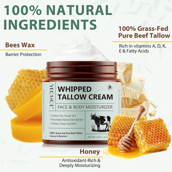 Beef Tallow for Skin Care 120 g, Tallow and Honey Balm, Tallow Face Cream, Tallow Face Moisturizer, Organic Grass-Fed Whipped Tallow Balm with Raw Honey, Deep Hydration for Face & Body