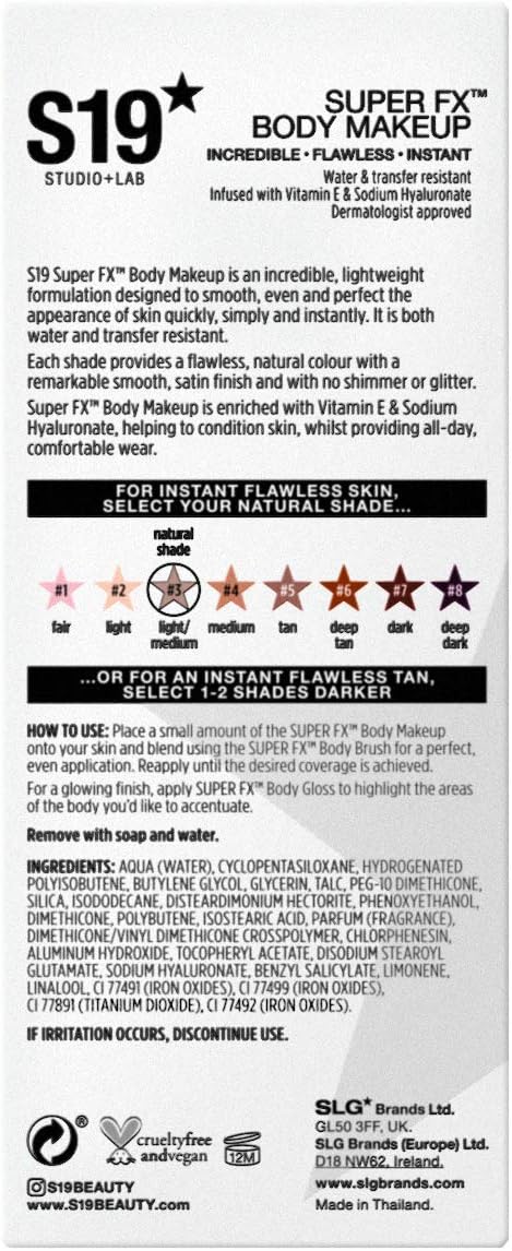 S19 SUPER FX Body Makeup, LIGHT/MEDIUM - Smoothes & Evens Skin Tone & Texture, Hide Scars & Blemishes - 100ml