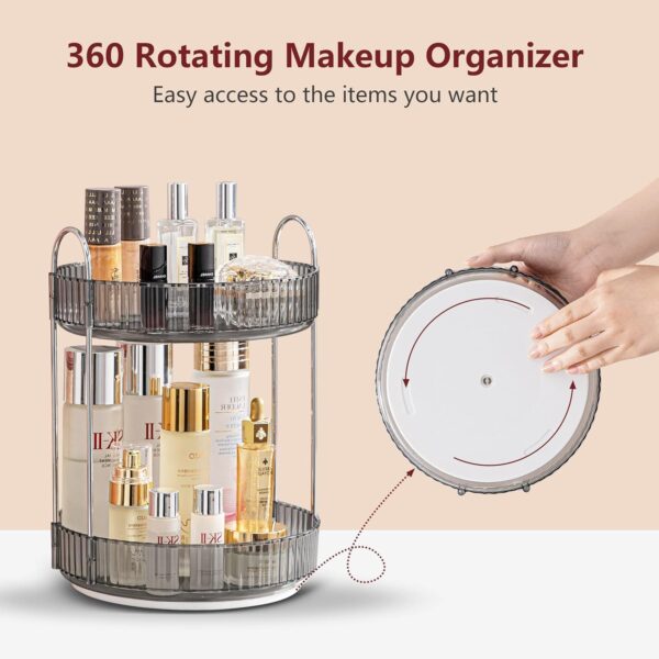 Bingobang Makeup Organiser 360 Rotating, Spinning 2 Tiers Skincare Cosmetic Organizer Acrylic Large, Tidy Storage Shelf for Perfume, Jewelery, Brush, Vanity Desk, Dresser, Bedroom, Bathroom (Grey)